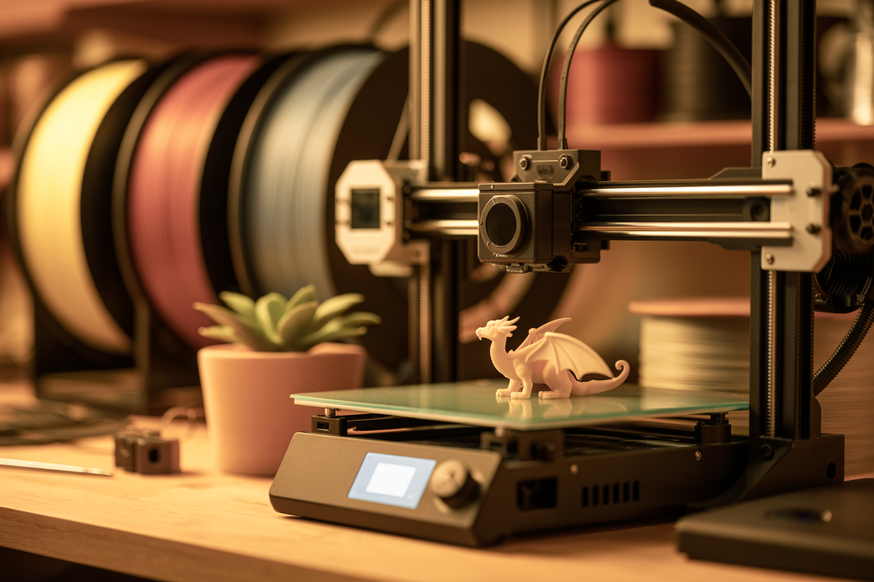 3D printed plant pots and figurines on a workshop bench