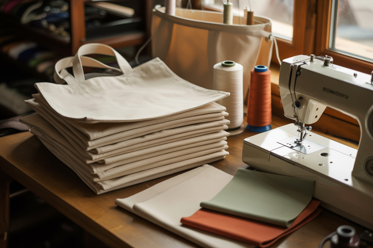 Stack of canvas tote bags next to a sewing machine