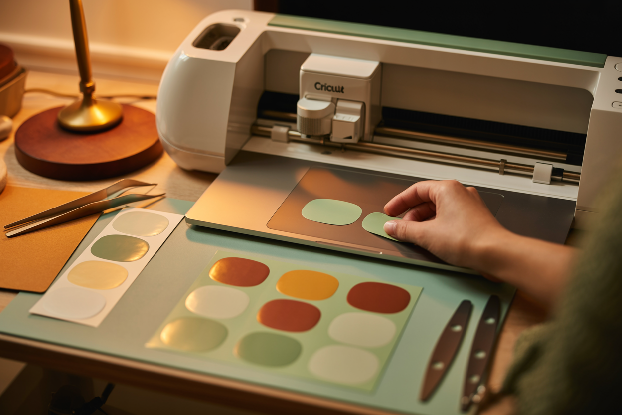 Die-cut vinyl stickers being applied with a Cricut machine