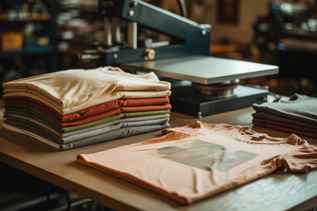 Stack of freshly pressed t-shirts beside a heat press